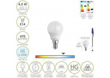 Bombilla Led Esferica Rosca E14 4.5 Watt. Equivale A 35 Watt. 470 Lumenes. Luz Fria (6500º K)