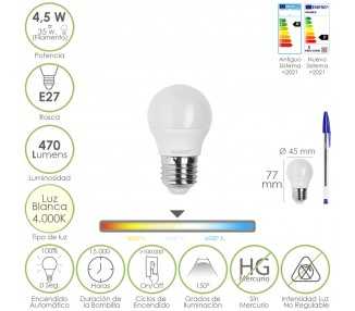 Bombilla Led Esferica Rosca E27 4.5 Watt. Equivale A 55 Watt. 470 Lumenes. Luz Neutra (4000º K)