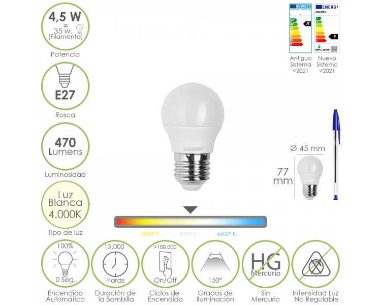 Bombilla Led Esferica Rosca E27 4.5 Watt. Equivale A 55 Watt. 470 Lumenes. Luz Neutra (4000º K)