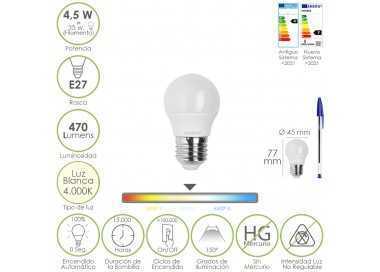 Bombilla Led Esferica Rosca E27 4.5 Watt. Equivale A 55 Watt. 470 Lumenes. Luz Neutra (4000º K)