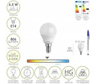 Bombilla Led Esfera Rosca E14. 6.5 Watt. Equivale A 50 Watt. 806 Lumenes. Luz Neutra 4000º K.