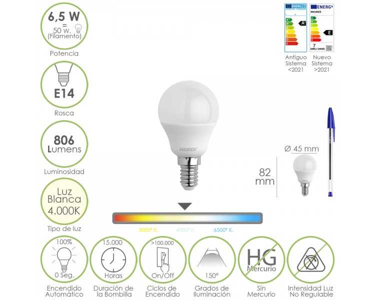 Bombilla Led Esfera Rosca E14. 6.5 Watt. Equivale A 50 Watt. 806 Lumenes. Luz Neutra 4000º K.