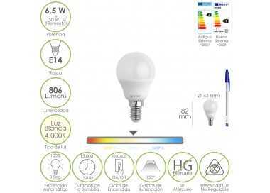 Bombilla Led Esfera Rosca E14. 6.5 Watt. Equivale A 50 Watt. 806 Lumenes. Luz Neutra 4000º K.