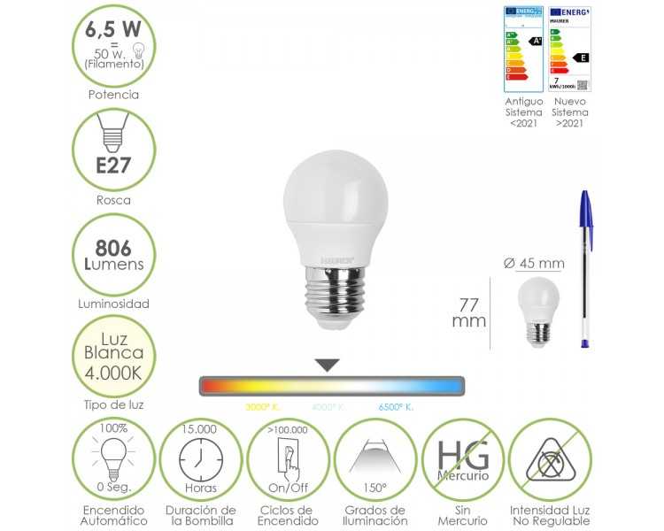 Bombilla Led Esfera Rosca E27. 6.5 Watt. Equivale A 50 Watt. 806 Lumenes. Luz Neutra 4000º K.