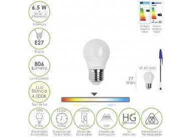 Bombilla Led Esfera Rosca E27. 6.5 Watt. Equivale A 50 Watt. 806 Lumenes. Luz Neutra 4000º K.