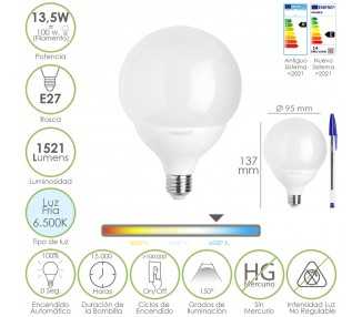 Bombilla Led Esfera Globo E27. 13,5 Watt. Equivale A 100 Watt. 1521 Lumenes. Luz Fria 6500º K.