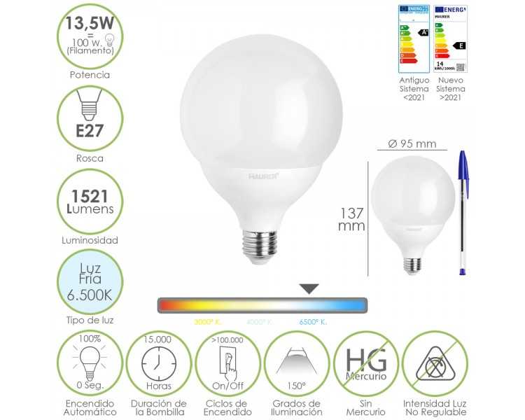 Bombilla Led Esfera Globo E27. 13,5 Watt. Equivale A 100 Watt. 1521 Lumenes. Luz Fria 6500º K.