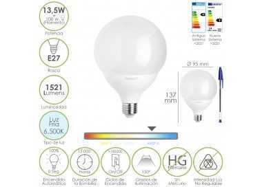 Bombilla Led Esfera Globo E27. 13,5 Watt. Equivale A 100 Watt. 1521 Lumenes. Luz Fria 6500º K.