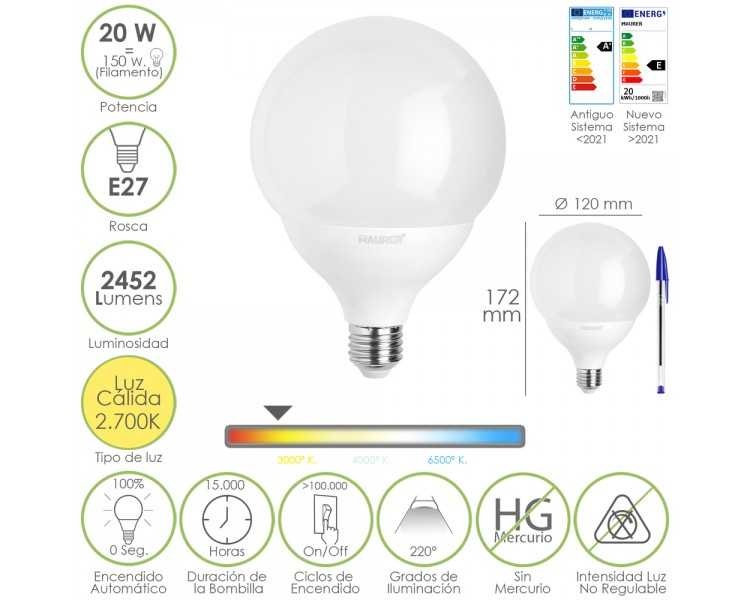 Bombilla Led Globo E27. 20 Watt. Equivale A 150 Watt. 2452 Lumenes. Luz Calida 2700º K.