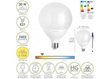 Bombilla Led Globo E27. 20 Watt. Equivale A 150 Watt. 2452 Lumenes. Luz Calida 2700º K.
