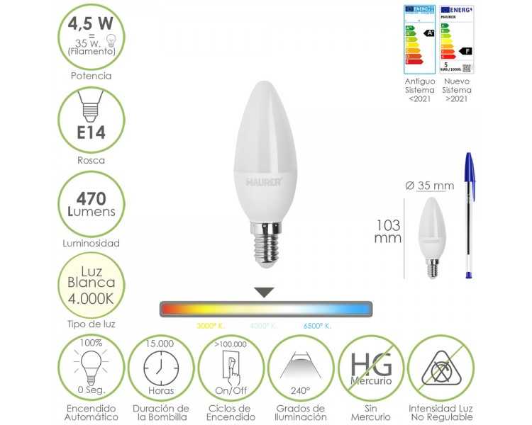 Bombilla Led Vela Rosca E14. 4,5 Watt. Equivale A 35 Watt. 470 Lumenes. Luz Neutra (4000º K.)