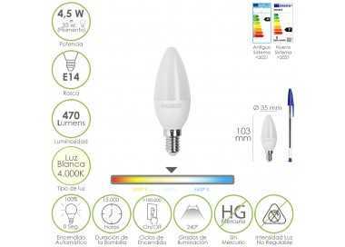 Bombilla Led Vela Rosca E14. 4,5 Watt. Equivale A 35 Watt. 470 Lumenes. Luz Neutra (4000º K.)