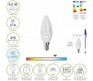 Bombilla Led Vela Rosca E14. 4,5 Watt. Equivale A 35 Watt. 470 Lumenes. Luz Fira (6500º K.)