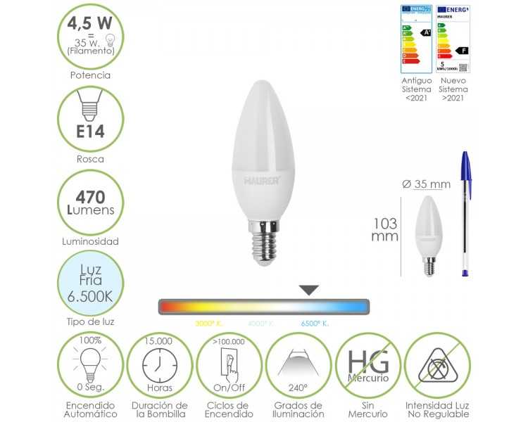 Bombilla Led Vela Rosca E14. 4,5 Watt. Equivale A 35 Watt. 470 Lumenes. Luz Fira (6500º K.)