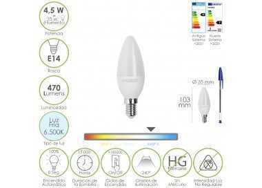 Bombilla Led Vela Rosca E14. 4,5 Watt. Equivale A 35 Watt. 470 Lumenes. Luz Fira (6500º K.)