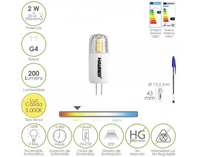 Bombilla Led Dicroica Rosca G4. 2 Watt. Equivale A 20 Watt. 200 Lumenes. Luz Calida (3000º K.)