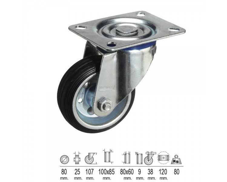 Rueda Industrial Goma Negra Placa   80 mm.
