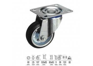 Rueda Industrial Goma Negra Placa   80 mm.