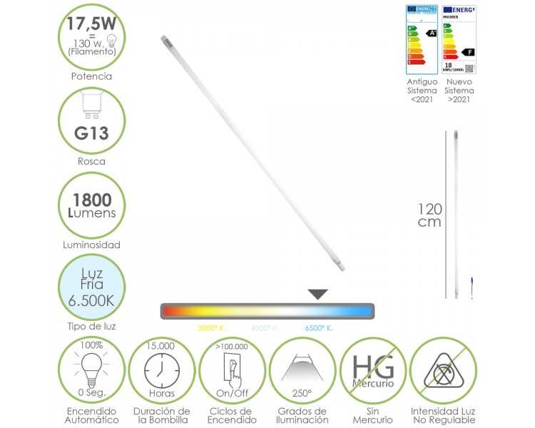 Tubo Led T8 120 cm.17,5 Watt. Equivale A 130 Watt. 1800 Lumenes. Luz Fria 6500º K.