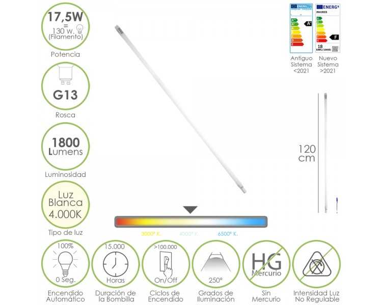 Tubo Led T8 120 cm.17,5 Watt. Equivale A 130 Watt. 1800 Lumenes. Luz Neutra 4000º K.