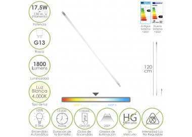 Tubo Led T8 120 cm.17,5 Watt. Equivale A 130 Watt. 1800 Lumenes. Luz Neutra 4000º K.