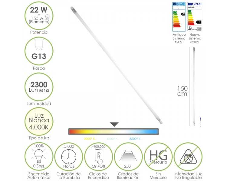 Tubo Led T8 150 cm. 22 Watt. Equivale A 150 Watt. 2300 Lumenes. Luz Neutra 4000º K.