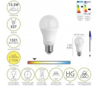 Bombilla Led Estandar Rosca E27. 13,5 Watt. Equivale A 100 Watt. 1521 Lumenes. Luz Calida (3000º K.)