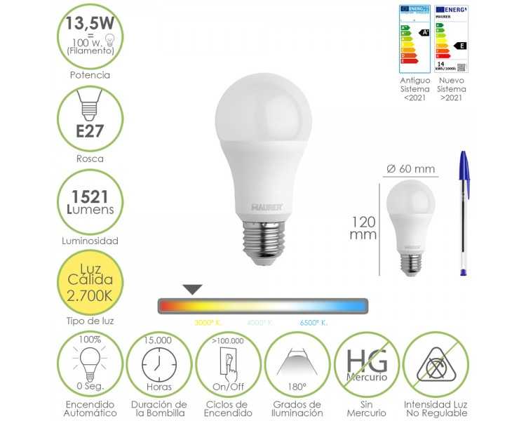 Bombilla Led Estandar Rosca E27. 13,5 Watt. Equivale A 100 Watt. 1521 Lumenes. Luz Calida (3000º K.)