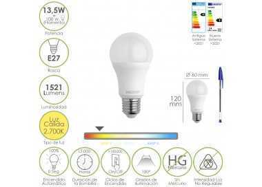 Bombilla Led Estandar Rosca E27. 13,5 Watt. Equivale A 100 Watt. 1521 Lumenes. Luz Calida (3000º K.)