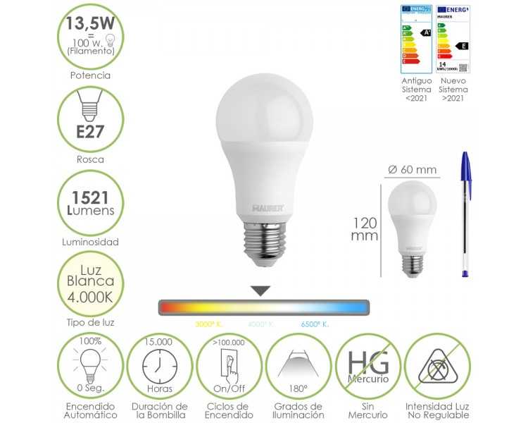 Bombilla Led Estandar Rosca E27. 13,5 Watt. Equivale A 100 Watt. 1521 Lumenes. Luz Neutra (4000º K.)
