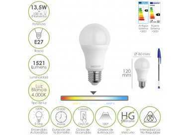 Bombilla Led Estandar Rosca E27. 13,5 Watt. Equivale A 100 Watt. 1521 Lumenes. Luz Neutra (4000º K.)