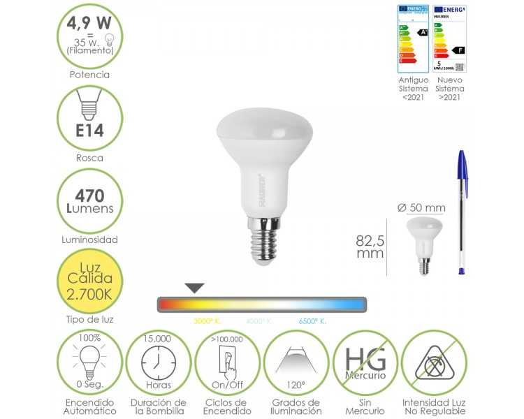 Bombilla Led Reflectante Rosca E14. 4,9 Watt. Equivale A 35 Watt. 470 Lumenes. Luz Cálida (3000º K.)