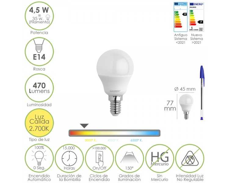 Bombilla Led Esferica Rosca E14 4.5 Watt. Equivale A 35 Watt. 470 Lumenes. Luz Cálida (00º K)