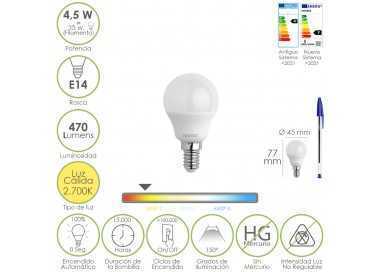 Bombilla Led Esferica Rosca E14 4.5 Watt. Equivale A 35 Watt. 470 Lumenes. Luz Cálida (00º K)