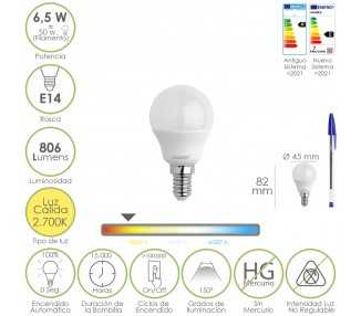 Bombilla Led Esfera Rosca E14. 6.5 Watt. Equivale A 50 Watt. 806 Lumenes. Luz Calida 2700º K.