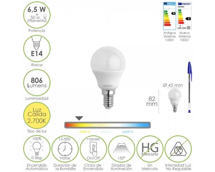 Bombilla Led Esfera Rosca E14. 6.5 Watt. Equivale A 50 Watt. 806 Lumenes. Luz Calida 2700º K.