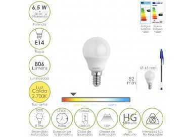Bombilla Led Esfera Rosca E14. 6.5 Watt. Equivale A 50 Watt. 806 Lumenes. Luz Calida 2700º K.