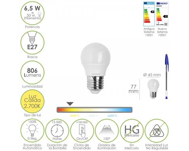 Bombilla Led Esfera Rosca E27. 6.5 Watt. Equivale A 50 Watt. 806 Lumenes. Luz Calida 3000º K.