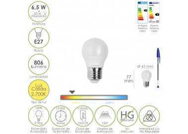 Bombilla Led Esfera Rosca E27. 6.5 Watt. Equivale A 50 Watt. 806 Lumenes. Luz Calida 3000º K.