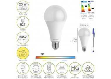 Bombilla Led Estandar Rosca E27. 20  Watt. Equivale A 150 Watt. 2452 Lumenes. Luz Calida (3000º K.)