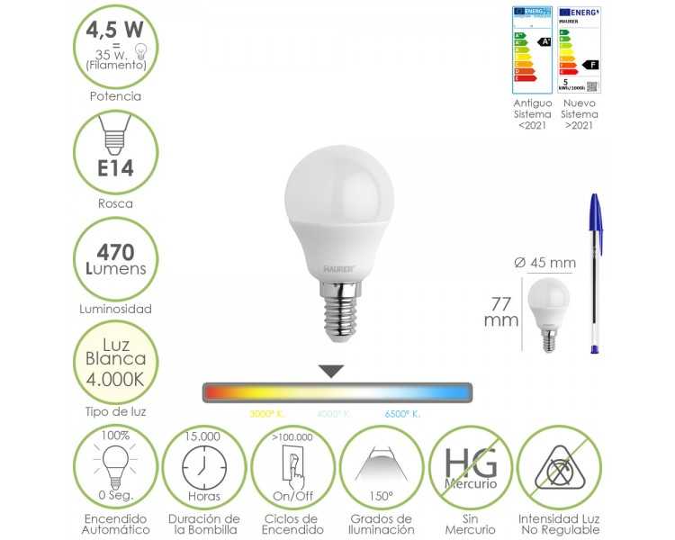 Bombilla Led Esferica Rosca E14 4.5 Watt. Equivale A 35 Watt. 470 Lumenes. Luz Neutra (4000º K)