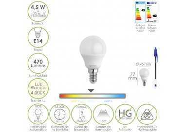 Bombilla Led Esferica Rosca E14 4.5 Watt. Equivale A 35 Watt. 470 Lumenes. Luz Neutra (4000º K)