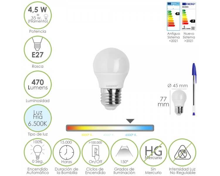Bombilla Led Esferica Rosca E27 4.5 Watt. Equivale A 55 Watt. 470 Lumenes. Luz Fria (6500º K)