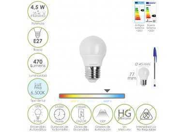 Bombilla Led Esferica Rosca E27 4.5 Watt. Equivale A 55 Watt. 470 Lumenes. Luz Fria (6500º K)