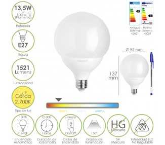 Bombilla Led Esfera Globo E27. 13,5 Watt. Equivale A 100 Watt. 1521 Lumenes. Luz Calida 3000º K.