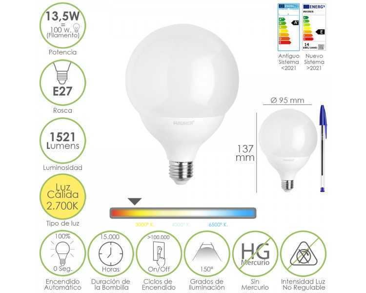 Bombilla Led Esfera Globo E27. 13,5 Watt. Equivale A 100 Watt. 1521 Lumenes. Luz Calida 3000º K.