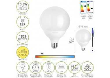 Bombilla Led Esfera Globo E27. 13,5 Watt. Equivale A 100 Watt. 1521 Lumenes. Luz Calida 3000º K.