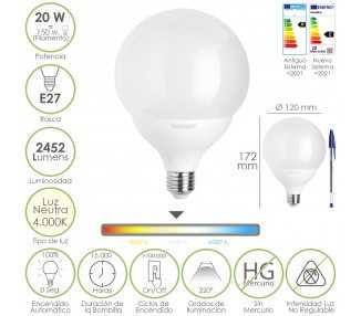 Bombilla Led Globo E27. 20 Watt. Equivale A 150 Watt. 2452 Lumenes. Luz Neutra 4000º K.