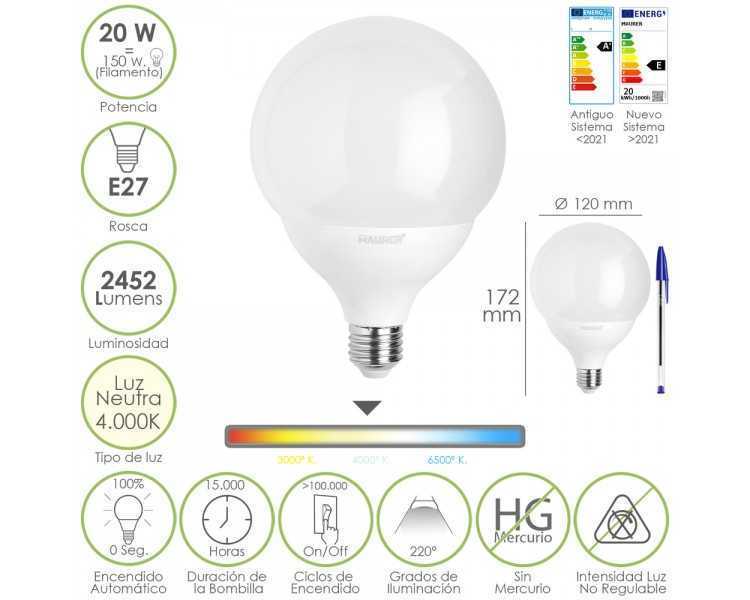 Bombilla Led Globo E27. 20 Watt. Equivale A 150 Watt. 2452 Lumenes. Luz Neutra 4000º K.