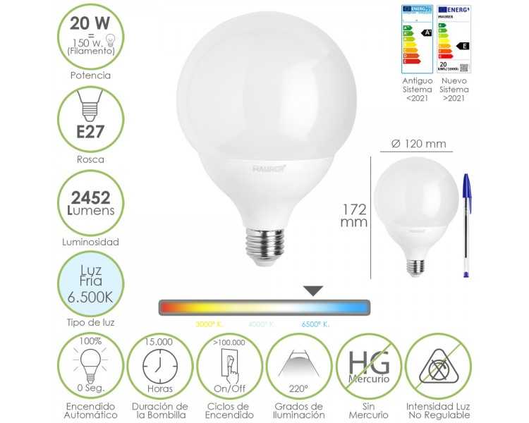 Bombilla Led Globo E27. 20 Watt. Equivale A 150 Watt. 2452 Lumenes. Luz Fria 6500º K.